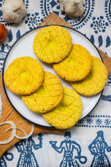 Mchadi - traditional Georgian cornbread traditionally eaten with Lobio and suluguni  cheese. Mchadi corn bread of Georgia cuisine. Vegan vegetarian healthy food