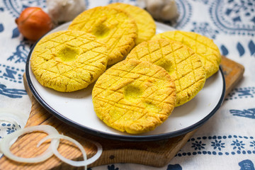 Mchadi - traditional Georgian cornbread traditionally eaten with Lobio and suluguni  cheese. Mchadi corn bread of Georgia cuisine. Vegan vegetarian healthy food