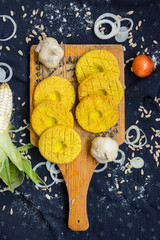 Mchadi - traditional Georgian cornbread traditionally eaten with Lobio and suluguni  cheese. Mchadi corn bread of Georgia cuisine. Vegan vegetarian healthy food