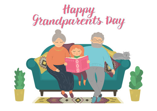 Happy Grandparents Day. Happy grandparents reading book with grandchild. Heartwarming grandparent family concept. Hand lettering. Original vector illustration.