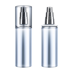 Cosmetic bottle vector illustration of plastic or glass transparent container with dispenser or silver sprayer cap open or closed. Isolated 3D realistic skincare moisturizer or facial lotion mockup