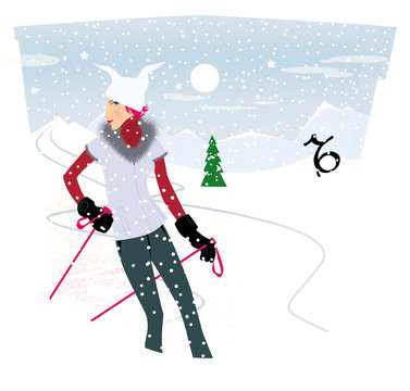 Zodiac sports lady. Capricorn. Girl on the ski slope. Falling snow and a Christmas tree. In the form of a  shield.