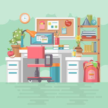 Work office of school girl with modern gadgets, computer, pc, files, board, chair and school supplies. Modern flat vector style of teeneger's table.