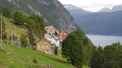 Fototapeta na wymiar Holzhäuser / Landwirtschaft am Nordfjord, Norwegen