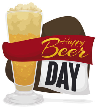 Frothy Beer with Ribbon and Reminder Date for Beer Day, Vector Illustration