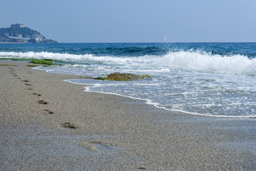 footprints in the sand, Mediterranean sea, water, waves