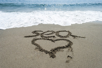 inscription on sand, sea and heart, sea water, surf