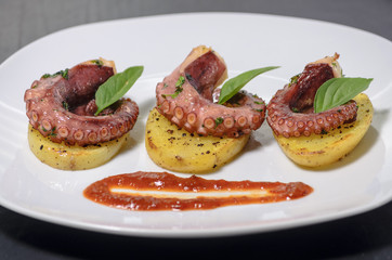 Platillo gourmet de pulpo con especias en una cama de patatas y salsa picante, en un plato blanco con mantel, platillo mexicano del mar