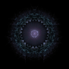 Dented Depths - Fractal flame based on shades of blue, pink, and purple on a black background. Has abstract circular pattern and broken rotational symmetry. Reminiscent of the iris of an eye. 