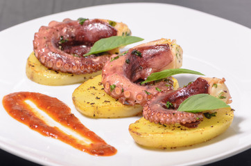 Platillo gourmet de pulpo con especias en una cama de patatas y salsa picante, en un plato blanco con mantel, platillo mexicano del mar