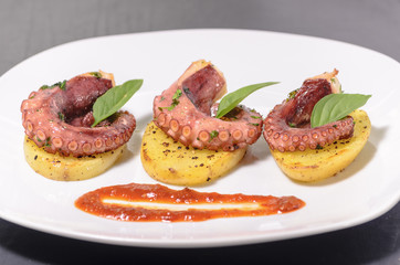 Platillo gourmet de pulpo con especias en una cama de patatas y salsa picante, en un plato blanco con mantel, platillo mexicano del mar