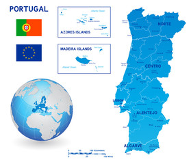 Blue political vector map of Portugal