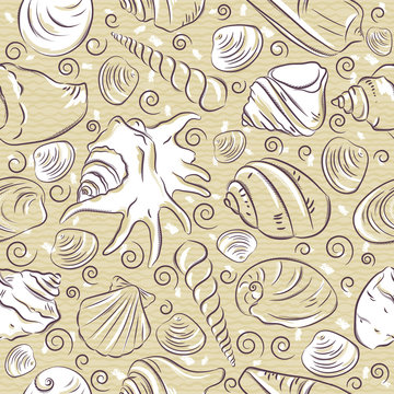 Seamless Patterns with  summer symbols, shellfish and clams  on a beige background, vector illustration.