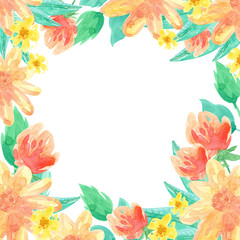 template frame watercolor hand drawn orange, yellow flowers, green leaves isolated on white background