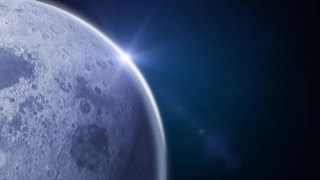 Side Moon On Blue Space Background/
Animation of a realistic moon surface rotating with beautidul stars background and lens flare effect