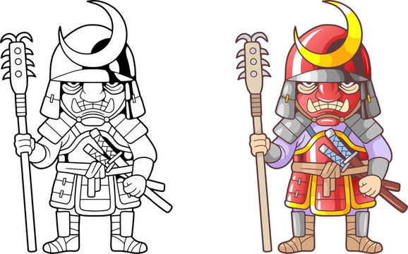 cartoon warrior samurai, funny illustration coloring book
