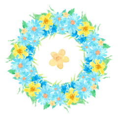 round frame watercolor hand-drawn yellow, blue flowers, green leaves isolated on white background