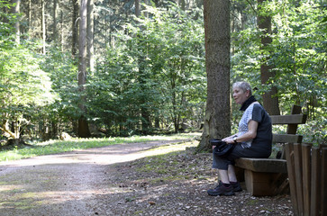 Fototapeta premium eine seniorin sitzt auf einer bank im ruhewald rheinhessische schweiz