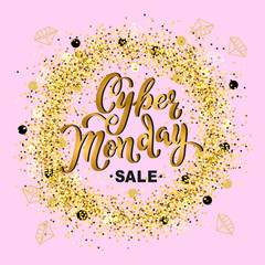 Cyber Monday sale. Hand drawn lettering Cyber Monday for banner, logo, badge, web, poster. Discount time. Vector illustration Cyber Momday isolated on pink background with golden confetti.