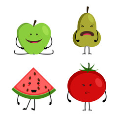 collection of cartoon fruit and vegetables, funny happy faces.