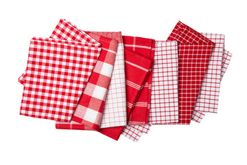 Set of 7 red and white checkered napkins and one of them striped. Kitchen accessories.