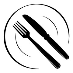 Abstract logo of a cafe or restaurant. A spoon and fork on a plate. A simple out line.