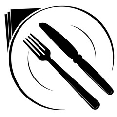 Abstract logo of a cafe or restaurant. A spoon and fork on a plate. A simple out line.