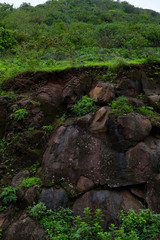 Naklejka na ściany i meble Lush green monsoon nature landscape mountains, hills, Purandar, Pune, Maharashtra, India 