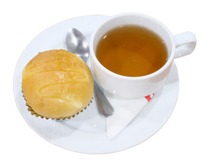 Bread and tea in plate on white background with clipping path
