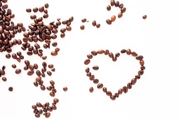 Heart of coffee. Grains of coffee in the form of heart. Love of coffee. Design with copy space. Top view