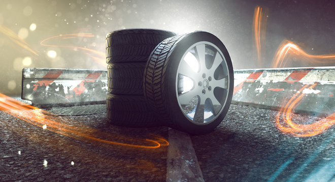 Reifen auf Straße mit Lichteffekten