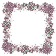 Beautiful vector doodle square floral girly frame with flowers in blue and violet colors on white background. Cute design with copy space for birthday card, banner, flyer, business card.