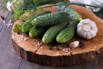 Pile of cucumbers ready for pickling with garlic and dill on table