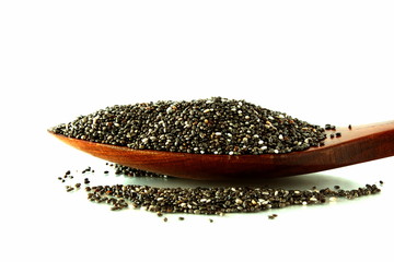 chia seeds in wooden spoon closeup isolated on white background