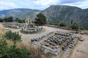 Fantastic view of archaeological site of ancient Athena Pronaia temple, Delphi, Greece