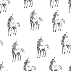 Vector seamless pattern with running unicorn. Hand drawn fantasy texture. Magic character in sketch style