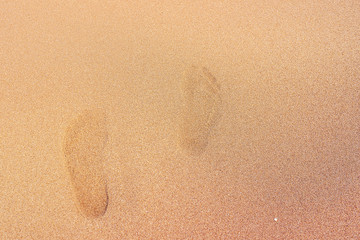 Footprints in the sand shore.