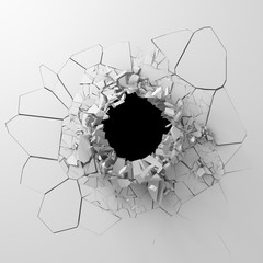 Dark destruction cracked hole in white stone wall