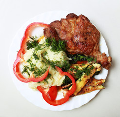 teak with mashed potatoes