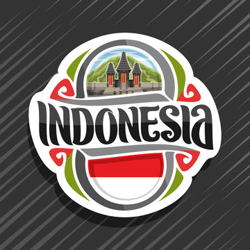 Vector logo for Indonesia country, fridge magnet with indonesian state flag, original brush typeface for word indonesia and national indonesian symbol - Pura Luhur Poten on Mount Bromo background.
