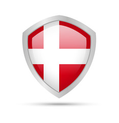 Obraz premium Shield with Denmark flag on white background. Vector illustration.