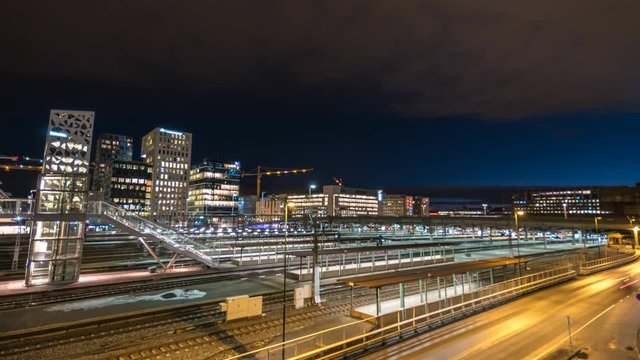 Oslo Norway time lapse 4K, city skyline night timelapse at Barcode Project business district