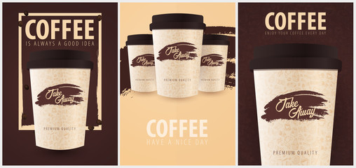 Take Away coffee cup with the hand-draw doodle elements on the background. Set of Coffee posters for ads.