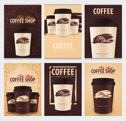 Take Away coffee cup with the hand-draw doodle elements on the background. Set of Coffee posters for ads.
