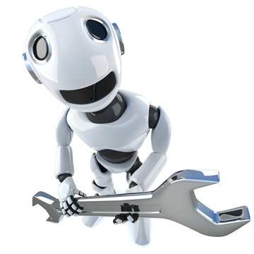 3d Funny cartoon robot character holding a spanner wrench