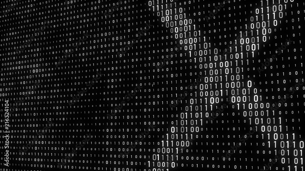 Fototapete Abstract digital background. Binary code. Abstract shapes. Green color. 3D rendering.