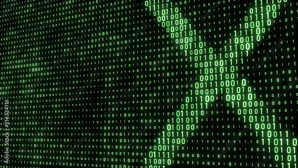 Aufkleber Abstract digital background. Binary code. Abstract shapes. Green color. 3D rendering.
