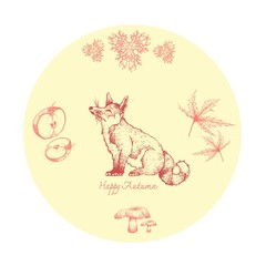 Autumn Animal, Illustration Hand Drawn of Fox with Pine Leaves, Maple, Mushrooms and Apples. Symbolic Animal to Show The Signs of Autumn Season. 