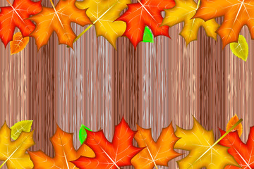 Advertisement on.wooden background with autumn leaves. Vector illustration. Made with clipping mask