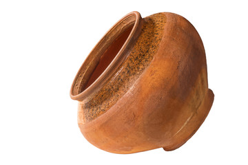 Clay handmade pot on a white background